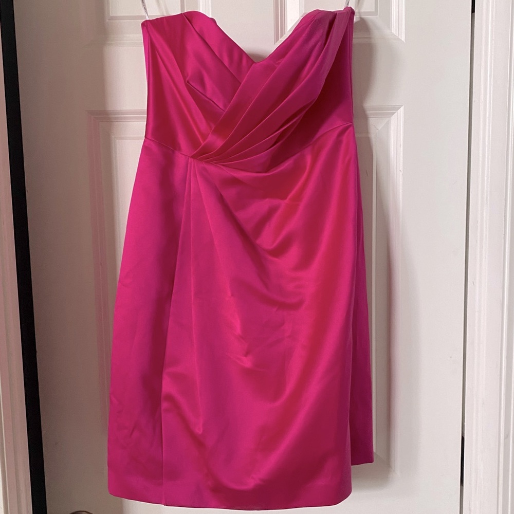 Hot Pink Strapless Satin Dress with Pleating